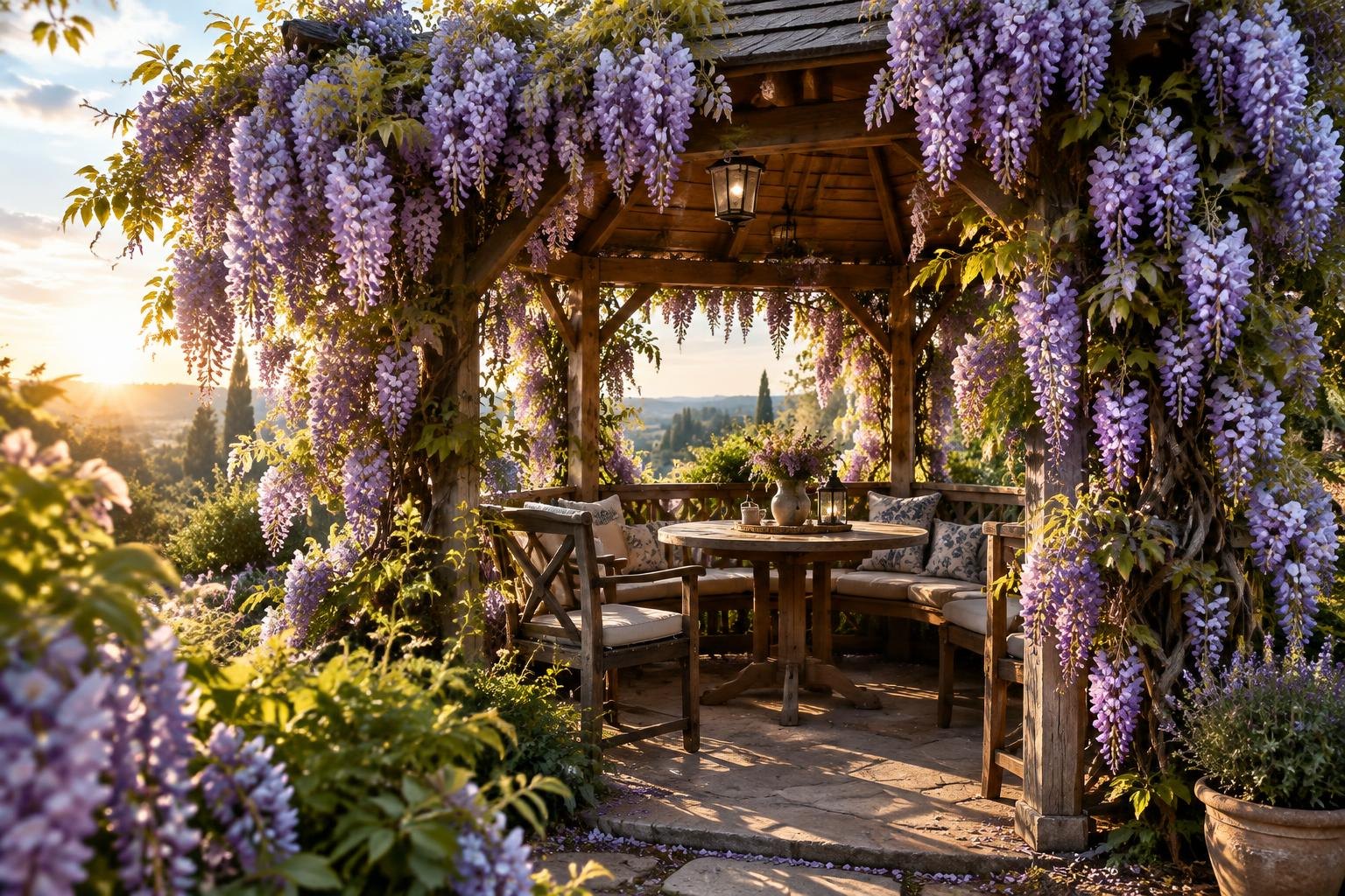 Altana w kwiatach wisterii