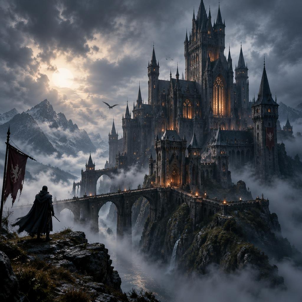Gotycki zamek, mgła, fantasy